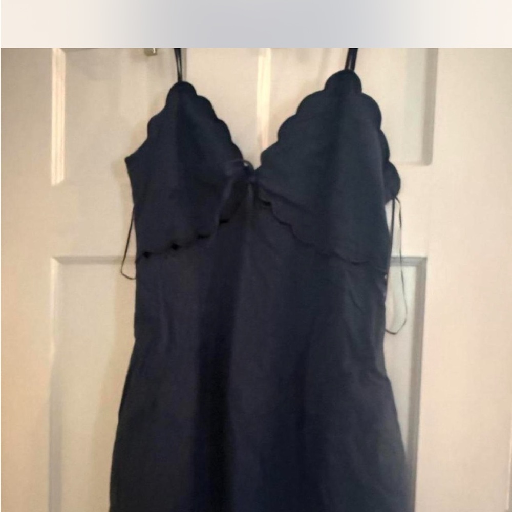 Scalloped V-Neck Slip Dress in Navy